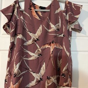 Ann Taylor Mauve Bird Print Cold Shoulder Blouse